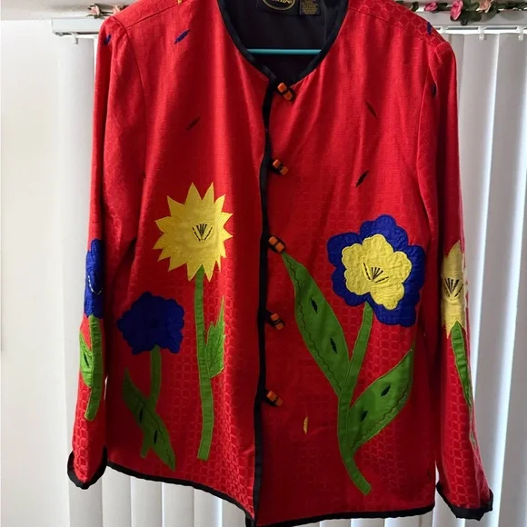 Vintage Allure Red embroidered jacket floral appliqués Toggle Closure Size Med - Picture 1 of 7